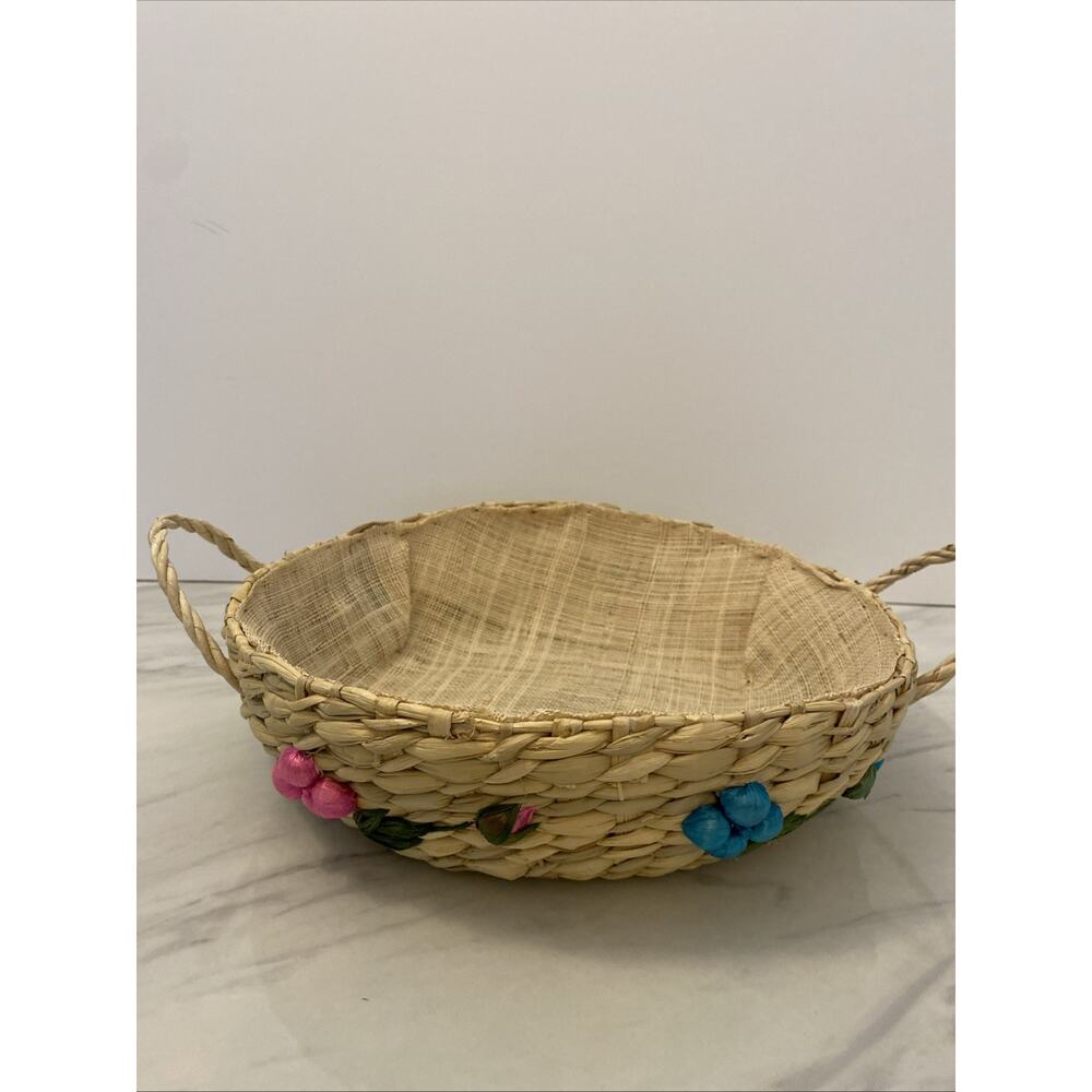 Vintage Wicker Raffia Basket Round Pyrex Dish Carrier Hawaiian Floral 10.5”